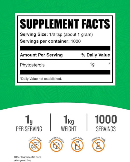 BulkSupplements.com Phytosterols Powder - Phytosterols Supplement, Beta Sitosterol Supplement - Sourced from Soy, Gluten Free, 1g per Serving, 1kg (2.2 lbs) (Pack of 1)