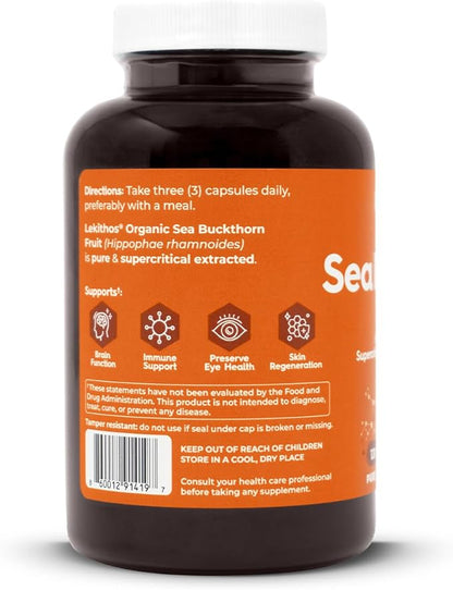 Organic Sea Buckthorn Fruit Supplement, 120 Capsules, 375mg, USDA Organic, Supercritical Extracted with Omega 6-7-9