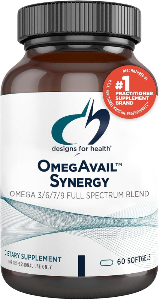 Designs for Health OmegAvail Synergy - Omega Complex for Adults - Omega 3-6-7-9 Fatty Acids from Borage and Macadamia Oil + Triglyceride (TG) Fish Oil with DHA & EPA (60 Softgels)