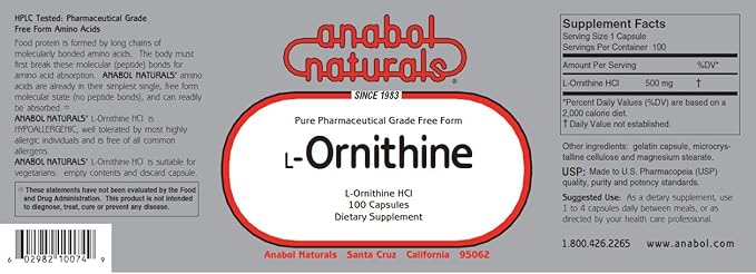 L-Ornithine 100 Caps 500 mg Free Form