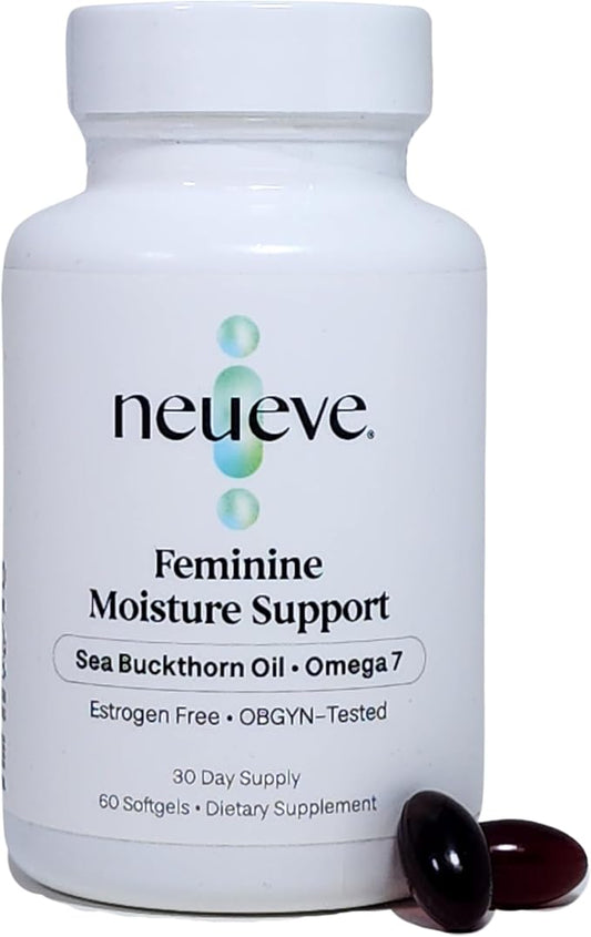 NeuEve Feminine Moisture Support Supplements with Sea Buckthorn Oil, Omega-7 for Vaginal Dryness, pH Balance & Moisture | 60 Vegan Softgels | 1-Month Supply