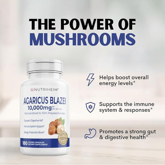 Agaricus Blazei Organic Mushroom Extract for Immune & Energy Support - 30% Polysaccharides & 180 Veggie Capsules - Non-GMO, Gluten-Free, Vegan-Friendly Supplement
