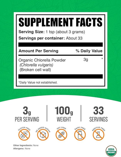 BulkSupplements.com Organic Chlorella Powder - Broken Cell Wall, Green Superfood Powder, Chlorella Supplement - Gluten Free, 3g per Serving, 100g (3.5 oz) (Pack of 1)