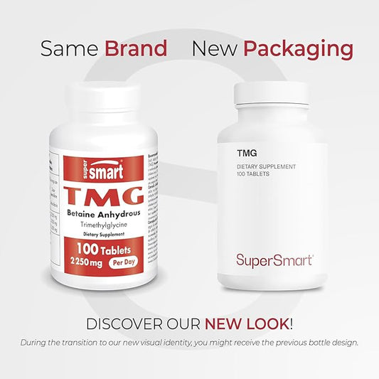 Supersmart TMG 2250mg per Day (High Strength) - TMG Trimethylglycine - Betaine Anhydrous Supplement | Non-GMO & Gluten Free - 100 Tablets