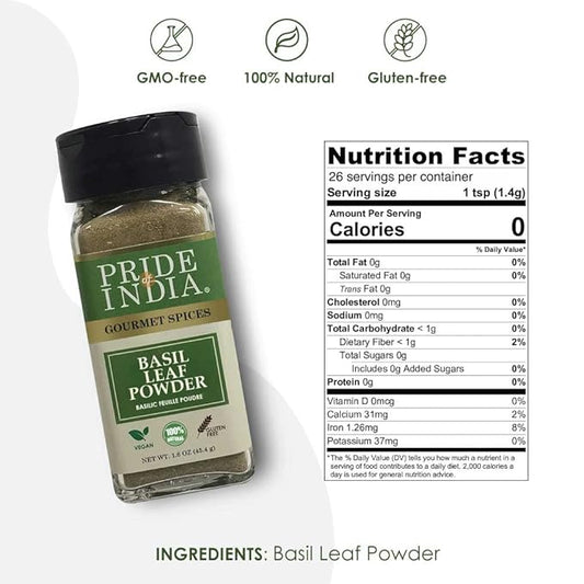 Pride of India Basil Leaf Powder | Gourmet Dried Basil Culinary Herb | Mediterranean Seasoning for Pesto, Stews & Curries | Tulsi Powder | Easy to Use | Small Dual Sifter Jar 1.6 oz