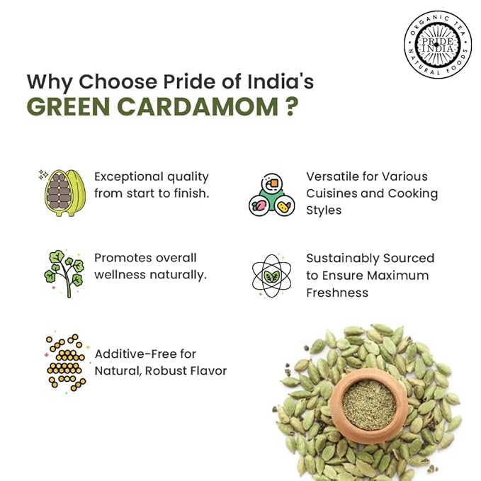Pride of India | Green Cardamom Whole 1.5 oz (43 gm) Small Dual Sifter Bottle | Gourmet & Aromatic Spice | Flavoring agent for bakes/teas/drinks | Full Bodied Green Pods
