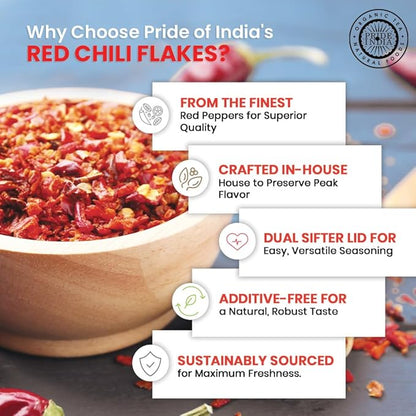 Pride Of India – Red Chili Flakes – Gourmet Spice/Culinary Must Have – Pleasant Heat/Distinct Flavor & Aroma – Sprinkle onto Pizza/Pasta/Flatbread – Easy to Store – 6 oz. Medium Dual Sifter Jar