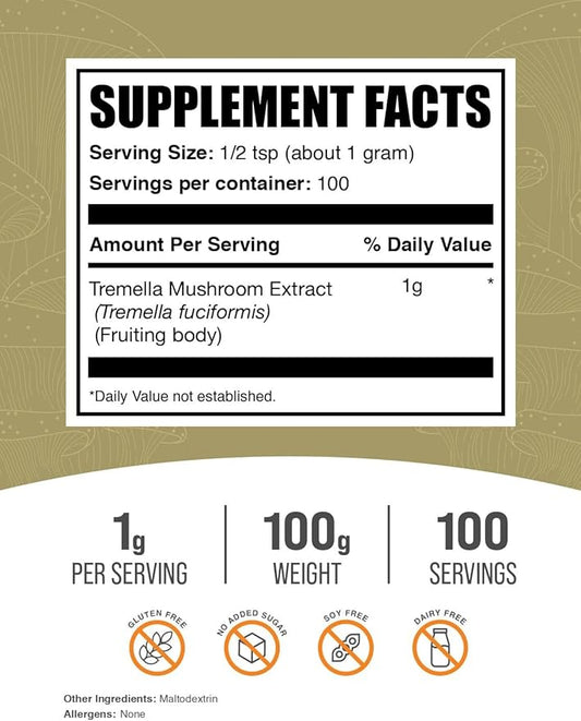 BulkSupplements.com Tremella Mushroom Extract - Tremella Fuciformis Extract, Mushroom Supplement - Vegan & Gluten Free, 1g per Serving, 100g (3.5 oz) (Pack of 1)