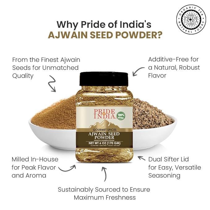 Pride of India – Ajwain Seed Powder – Gourmet Indian Spice – Made from Fresh Carom Seeds – Rich in Nutrients – Aromatic & Flavorful – Easy to Use - 8oz. Medium Dual Sifter Jar