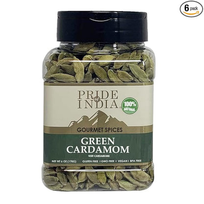 Pride of India - PACK of 6 - Green Cardamom Whole – Gourmet & Aromatic Spice – Flavoring agent for bakes/teas/drinks & more – Full Bodied Green Pods – 6 oz. Medium Dual Sifter Jar