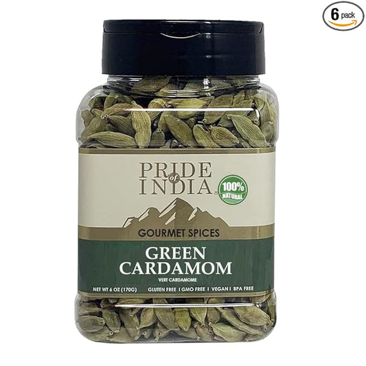 Pride of India - PACK of 6 - Green Cardamom Whole – Gourmet & Aromatic Spice – Flavoring agent for bakes/teas/drinks & more – Full Bodied Green Pods – 6 oz. Medium Dual Sifter Jar