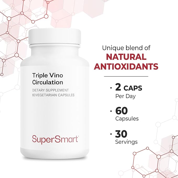 Supersmart - Triple Vino Circulation (High Potency) - 3-in-1 Formula - Red Vine Leaf Extract - with Grape Seed & Marc | Vegan & Gluten Free - 60 Veg Capsules