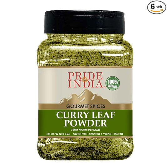 Pride Of India - PACK of 6 - Natural Curry Leaf Powder Ground - 8 oz (Half Pound) Resealable Pouch - Authentic Indian Spice Blend - Used in Soups, Stews, Chutneys and Rice