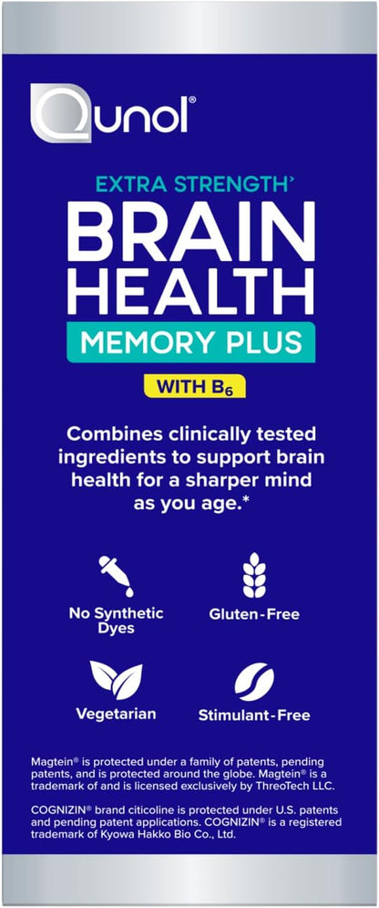Qunol Brain Health Memory Plus with B6, Magnesium L-Threonate & Citicoline, Clinically Tested Ingredients to Improve Memory, Focus, Attention and Productivity, 60 Count (Pack of 1)