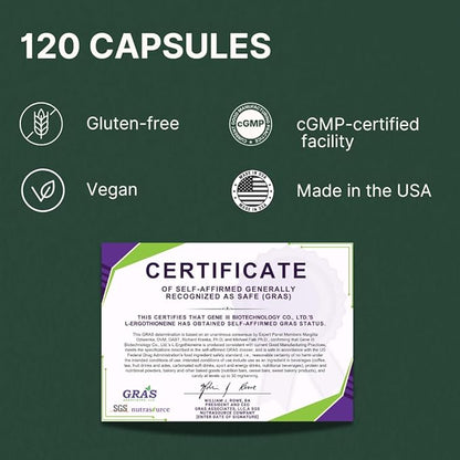 L-Ergothioneine Supplement, 30mg(EGT)/Serving, 6X Ergothioneine Mushroom Extract Supplements Longevity, Immune Support, Heart Health & Brain Supplement, Lab Tested, Made in USA (120 Servings)