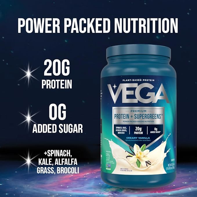 Vega Protein + Supergreens - 20g Plant-Based Protein, Vanilla, 25 Servings, Real Greens & Veggies, Vegan Keto, 0g Added Sugar, Non-GMO, Gluten Free, Dairy Free, 1.68 lbs (Packaging May Vary)