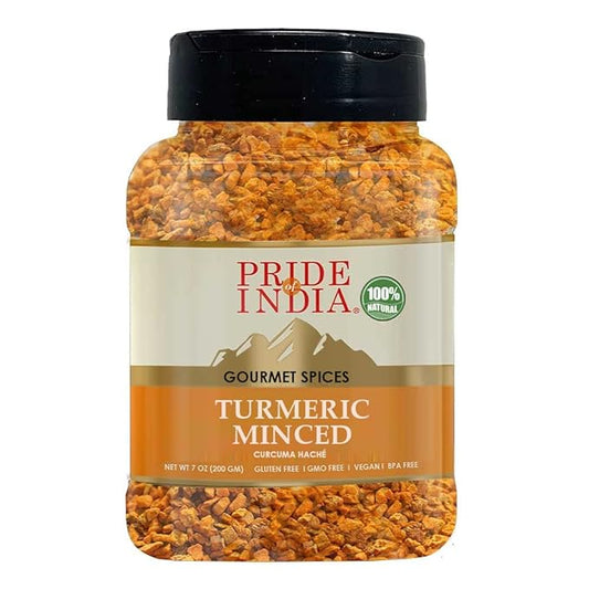 Pride of India – Turmeric Minced Whole – Gourmet Spice – Curcumin Rich Properties – No Additives Gluten – Easy to Use – 7 oz. Medium Dual Sifter Jar