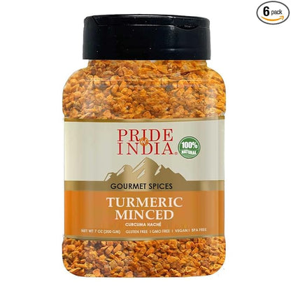 Pride of India - PACK of 6 - Turmeric Minced Whole – Gourmet Spice – Curcumin Rich Properties – No Additives Gluten – Easy to Use – 7 oz. Medium Dual Sifter Jar