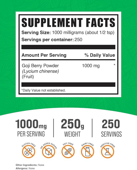 BulkSupplements.com Goji Berry Powder - Goji Berries Supplement, Wolfberry Powder - Vegan & Gluten Free, 1g per Serving, 250g (8.8 oz) (Pack of 1)