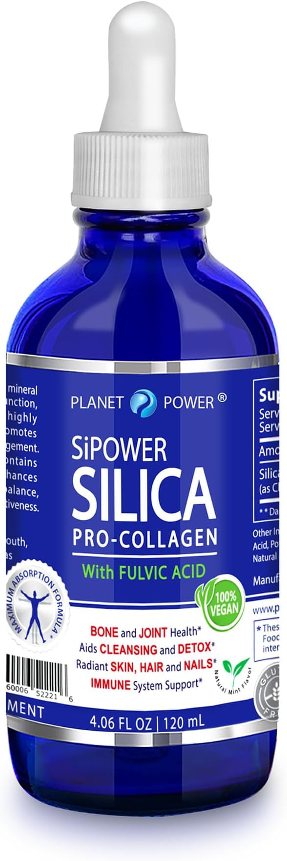 SiPower Silica Vegan Collagen, Supplement Drops-Liquid Mineral Orthosilicic Acid (CH-OSA) + Fulvic Acid. Natural Collagen Booster for Joints, Bones, Hair, Skin, Nails, Immune & Digestive Health-4oz