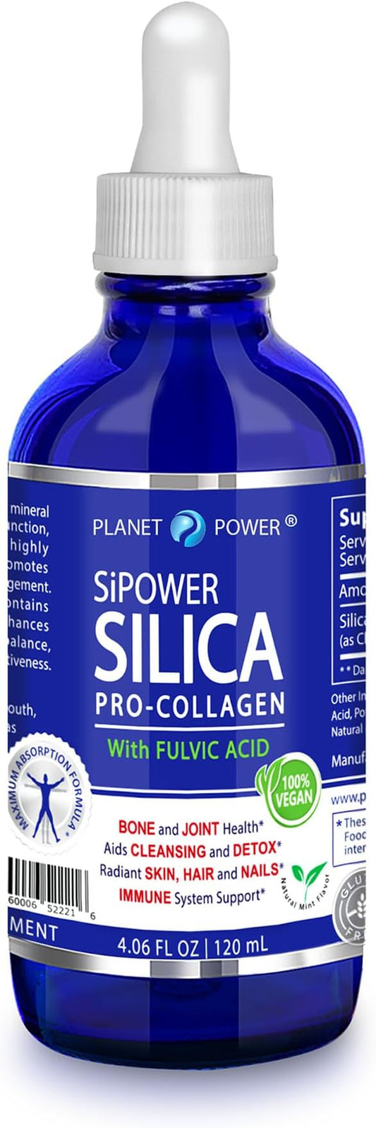SiPower Silica Vegan Collagen, Supplement Drops-Liquid Mineral Orthosilicic Acid (CH-OSA) + Fulvic Acid. Natural Collagen Booster for Joints, Bones, Hair, Skin, Nails, Immune & Digestive Health-4oz