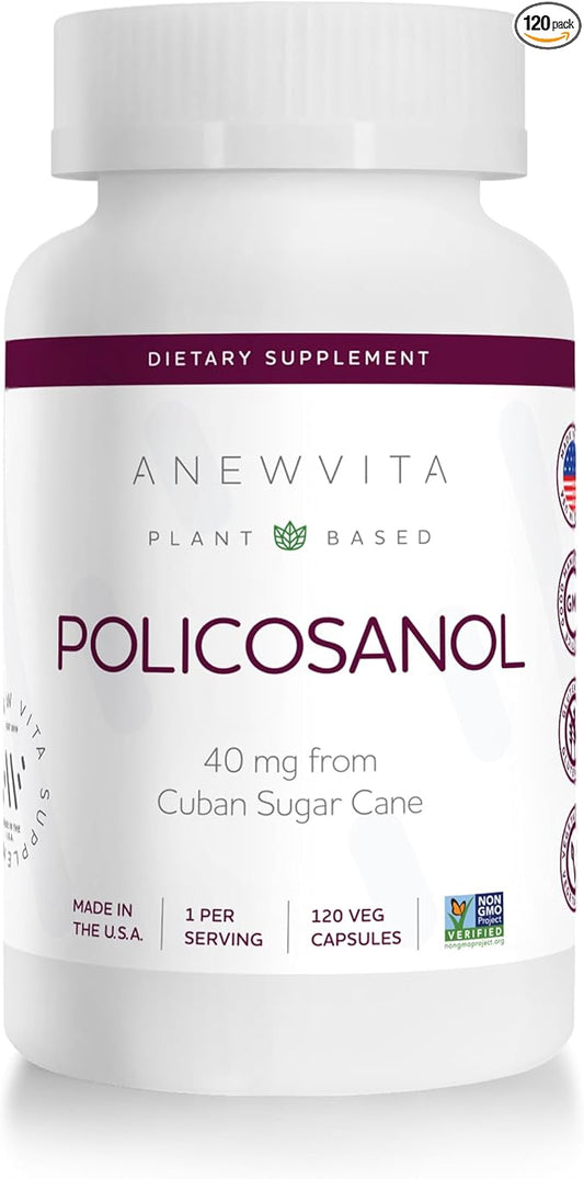 Anew Vitaㅤ Policosanol Supplement - Healthy Lipid Levels, Platelet Function & Circulation, Cuban Sourced Sugarcane, 40mg per Serving, Non-GMO, Gluten-Free - 120 Veggie Capsules, Made in USA
