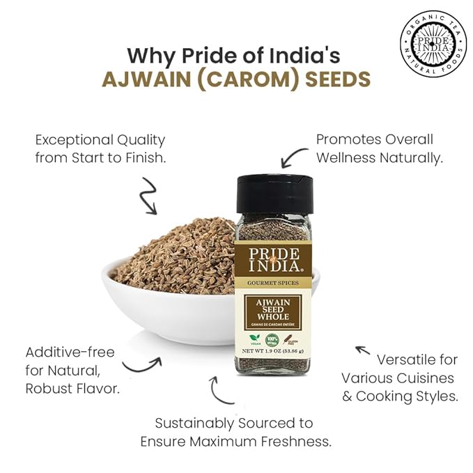 Pride of India – Ajwain Seed Whole – Gourmet Carom Seeds – Flavoring agent for Savory Dishes – Aromatic & Nutrient-Dense – Easy to Use – 2.1 oz. Dual Sifter Bottle