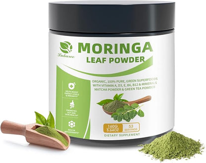 Organic Moringa Powder & Matcha Powder, Multi-Green Superfoods with Green Tea Resveratrol - Energy and Digestive Support, Rich in Antioxidants and Vitamin A D3 E B6 B12 Calcium, Non-GMO, Vegan, 5.6 oz