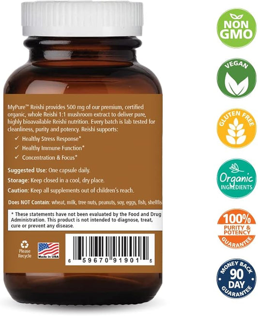 PURE ESSENCE LABS MyPure Reishi Organic Mushrooms Supplement - 100% Real Mushroom Extract for Immune Support, Stress Relief, Build Energy (30 Capsules)
