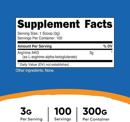 Nutricost Arginine AKG Powder 300 Grams (AAKG) - 3G Per Serving & 100 Servings - Pure Arginine Alpha Ketoglutarate