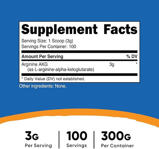 Nutricost Arginine AKG Powder 300 Grams (AAKG) - 3G Per Serving & 100 Servings - Pure Arginine Alpha Ketoglutarate