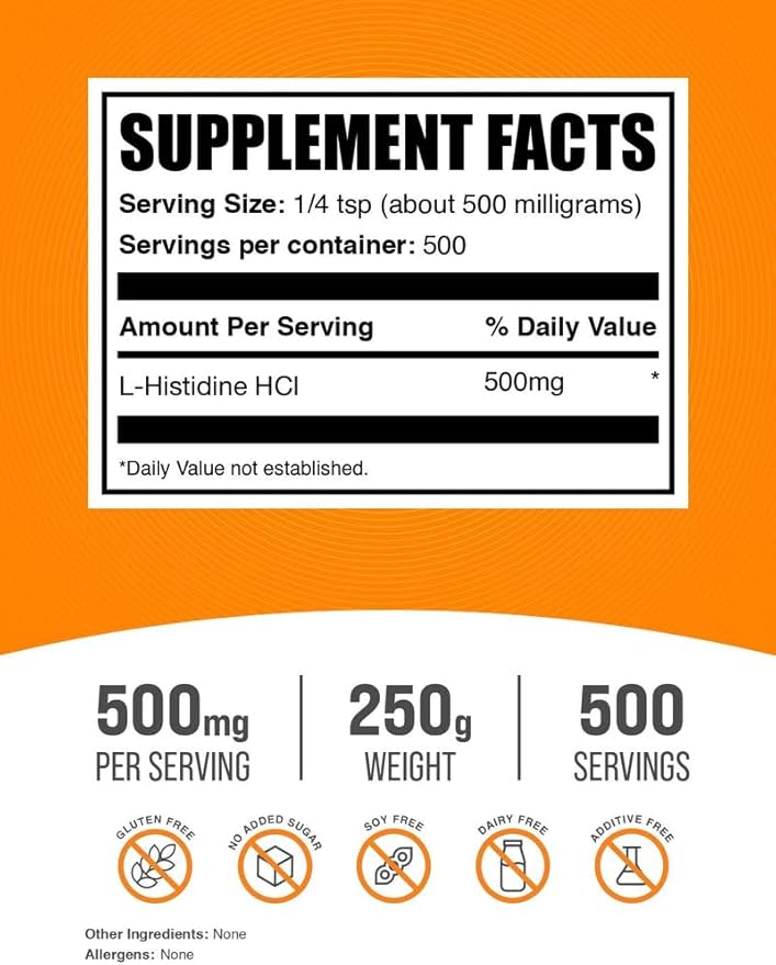BulkSupplements.com L-Histidine HCl Powder - L-Histidine Supplement - Essential Amino Acid, Gluten Free, 500mg per Serving, 250g (8.8 oz) (Pack of 1)