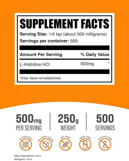 BulkSupplements.com L-Histidine HCl Powder - L-Histidine Supplement - Essential Amino Acid, Gluten Free, 500mg per Serving, 250g (8.8 oz) (Pack of 1)
