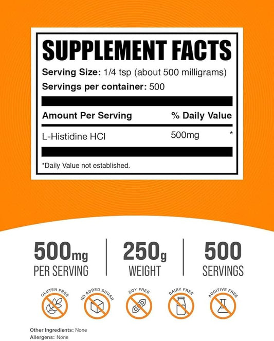 BulkSupplements.com L-Histidine HCl Powder - L-Histidine Supplement - Essential Amino Acid, Gluten Free, 500mg per Serving, 250g (8.8 oz) (Pack of 1)