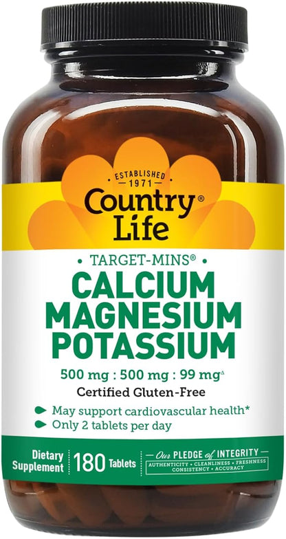 Country Life Target Mins - Calcium Magnesium Potassium Bone & Heart Health Supplement, 1000mg Calcium, 500mg Magnesium, Supports Calcium Utilization, 180 Tablets – Certified Gluten Free & Vegan