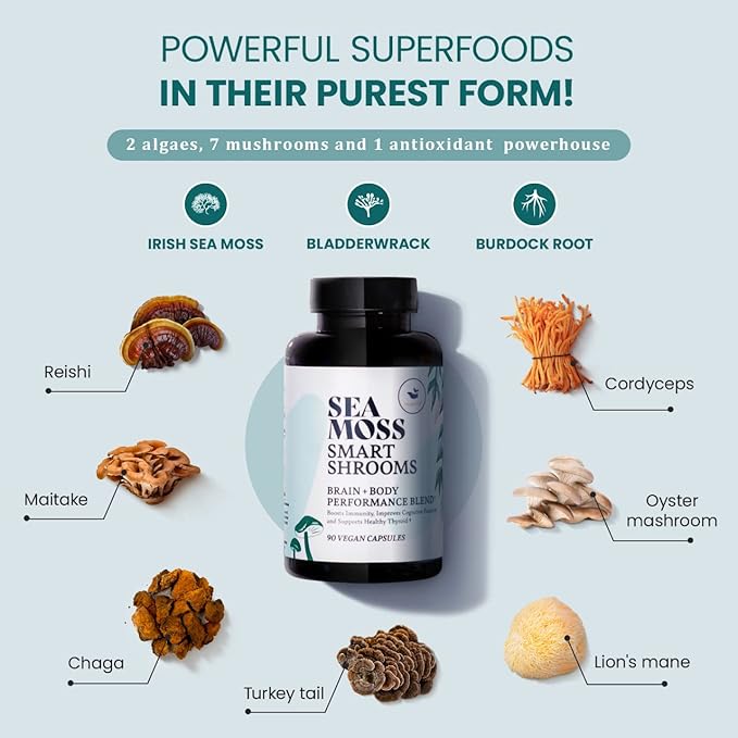 HAPPY FOX Irish Sea Moss Capsules & Mushroom Complex - Organic Seamoss with Adaptogens for Brain Health, 1500mg, 90 Vegan Capsules, Organic Mushroom Supplement