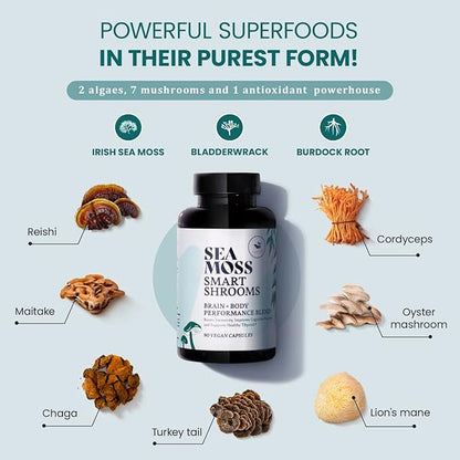 HAPPY FOX Irish Sea Moss Capsules & Mushroom Complex - Organic Seamoss with Adaptogens for Brain Health, 1500mg, 90 Vegan Capsules, Organic Mushroom Supplement