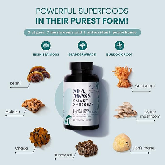 HAPPY FOX Irish Sea Moss Capsules & Mushroom Complex - Organic Seamoss with Adaptogens for Brain Health, 1500mg, 90 Vegan Capsules, Organic Mushroom Supplement