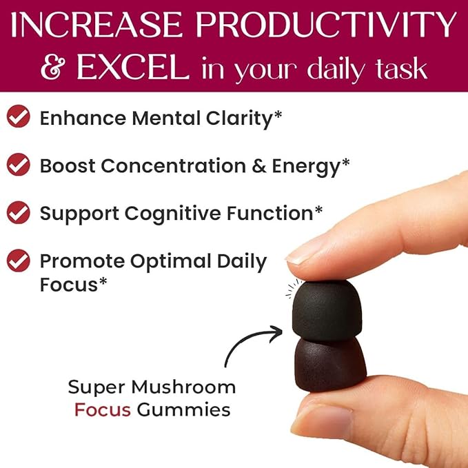 Auri Super Mushroom Focus Gummies - w/Lion's Mane, Alpha GPC & Rhodiola - Mushrooom Supplement to Support Cognitive Function, Mental Clarity, Focus & Energy | 60 Gummies, Vegan Friendly, Non GMOs