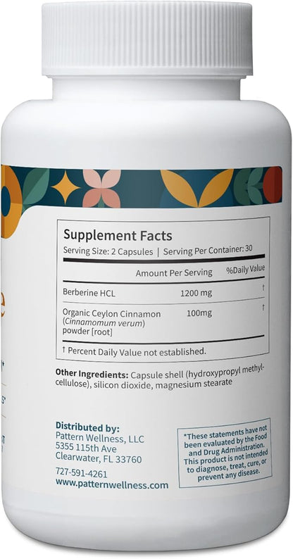 Pattern Wellness Berberine Supplement with Organic Ceylon Cinnamon – Antioxidant & Metabolic Support – Whole Body Wellness – Non-GMO – 180 Vegan Capsules