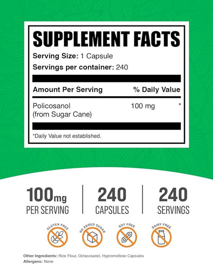 BulkSupplements.com Policosanol Capsules - from Sugar Cane, Policosanol 100mg - Gluten Free, 1 Capsule per Serving, 240 Capsules (Pack of 1)