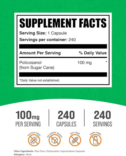 BulkSupplements.com Policosanol Capsules - from Sugar Cane, Policosanol 100mg - Gluten Free, 1 Capsule per Serving, 240 Capsules (Pack of 1)