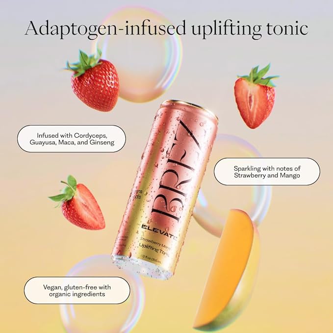 BRĒZ ELEVATE Cordyceps Mushroom Drink, Non-Infused Uplifting Tonic with Cordyceps, Guayusa, Maca & Ginseng, Vegan Adaptogen Drink for Focus, Drive & Mental Clarity, Strawberry Mango, 12 fl oz, 12 Pack