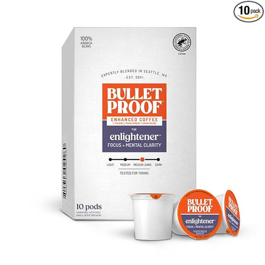 Bulletproof The Enlightener Coffee Pods, 10 Count, Medium-Dark Roast Enhanced Coffee with L-Theanine, Panax Ginseng and Gingko Biloba, Supports Mental Clarity, Focus, and Memory