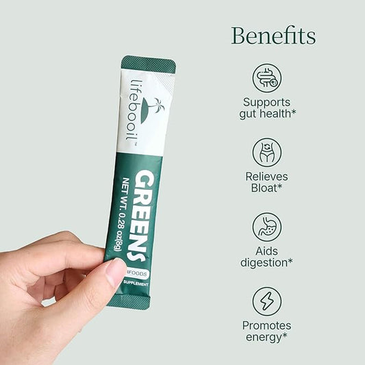 Super Greens Powder Stick Packs with 40+ Superfoods, Red Ginseng & Prebiotics | Gut Health & Energy Booster | 30 Single-Serve Packets