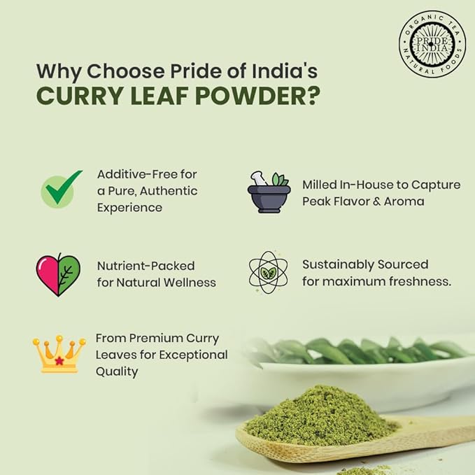 Pride of India – Curry Leaf Ground – Fresh Aroma/Distinct taste – No GMO/No Artificial Color – Traditional Indian Spice – Easy to Use – 1.3 oz. Small Dual Sifter Bottle