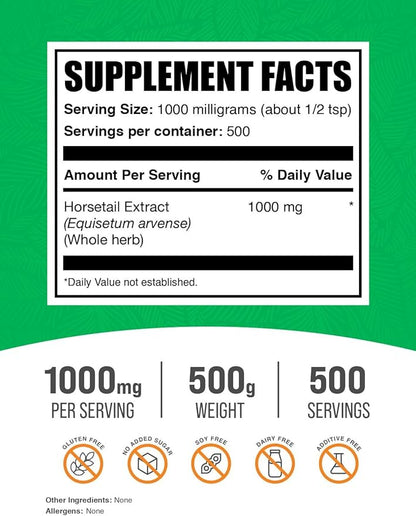 BulkSupplements.com Horsetail Extract Powder - Horsetail Herb - Silica Supplements, Gluten Free, 1g per Serving, 500g (1.1 lbs) (Pack of 1)