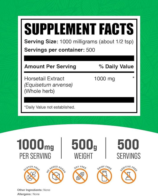 BulkSupplements.com Horsetail Extract Powder - Horsetail Herb - Silica Supplements, Gluten Free, 1g per Serving, 500g (1.1 lbs) (Pack of 1)