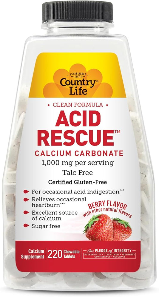 Country Life Acid Rescue Chewable Tablets - Certified Vegan & Gluten-Free Heartburn Relief, 400mg Calcium & Magnesium, Non-GMO, Sugar-Free Berry Flavor, Supports Bone Health, 220 Count