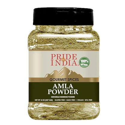 Pride of India – Amla Powder – Gourmet Spice – Tangy & Savory – Pure Indian Gooseberry Ground – Antioxidant Rich – GMO/Gluten Free – Easy to Use – 7 oz. Medium Dual Sifter Jar